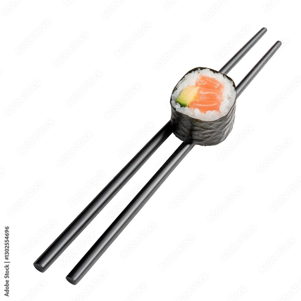 A pair of sleek black chopsticks, holding a perfect piece of sushi, showcasing the art of Japanese cuisine, isolated on a white background. A pair of sleek black chopsticks, holding a perfect piece of sushi, showcasing the art of Japanese cuisine, isolated on a white background.