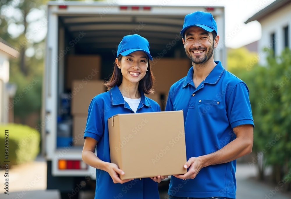 Smiling Delivery Duo: Cheerful Japanese Team in Blue Uniforms Standing Proudly in Front of Delivery Truck with Cardboard Boxes
Smiling Delivery Duo: Cheerful Japanese Team in Blue Uniforms Standing Proudly in Front of Delivery Truck with Cardboard Boxes