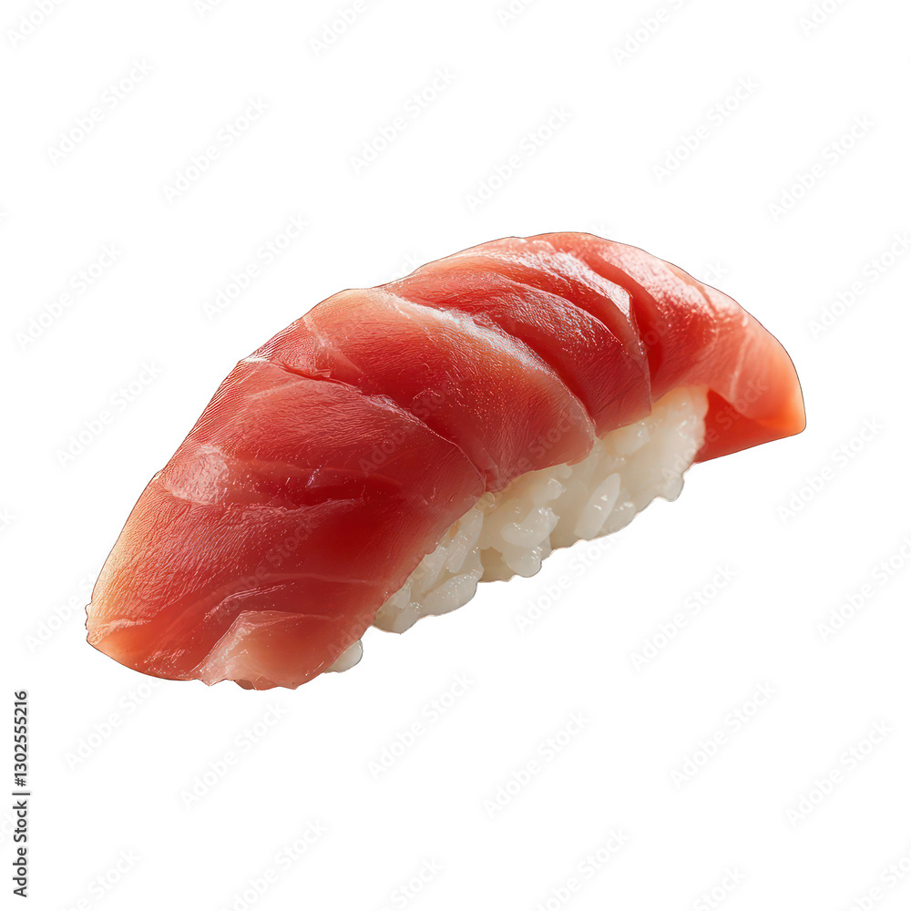 A perfectly made tuna nigiri sushi, with smooth, tender fish laid delicately atop seasoned rice, isolated on a white background. A perfectly made tuna nigiri sushi, with smooth, tender fish laid delicately atop seasoned rice, isolated on a white background.
