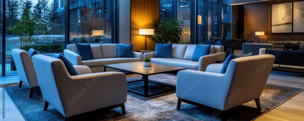 Fototapeta premium Modern Lobby Seating Area with City Views