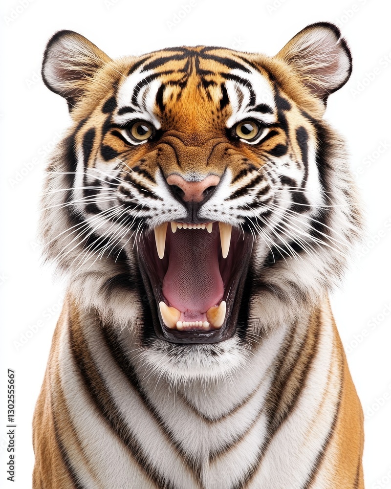 Fototapeta premium Roaring Tiger Displaying Majestic Power Against a White Backdrop