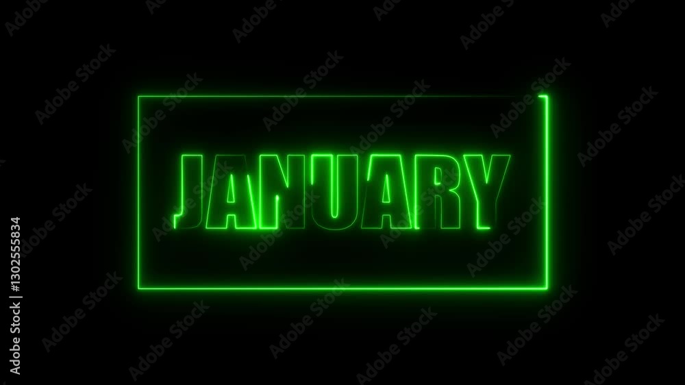 Glowing neon January text animation on black background. january month neon line text concept. January neon looping animation. first month of year Glowing neon January text animation on black background. january month neon line text concept. January neon looping animation. first month of year