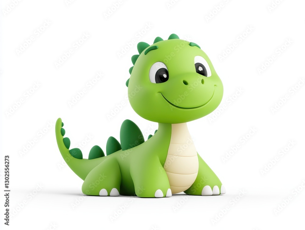 Fototapeta premium Cute green dinosaur toy smiling happily, set against a plain white background