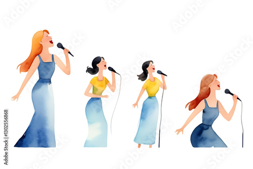 Singing women illustration group performing with microphone in dresses art