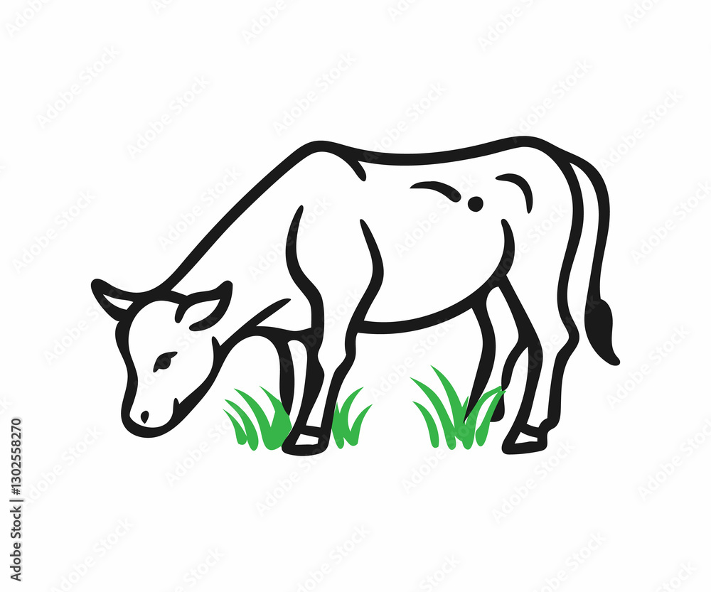Fototapeta premium Simple Line Art Illustration of a Cow Grazing in a Field