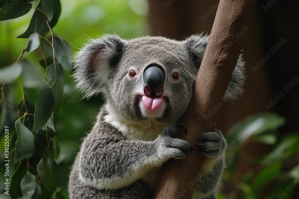 Fototapeta premium Playful Koala: Adorable Grey Bear Sticking Out Tongue While Posing on Tree Branch