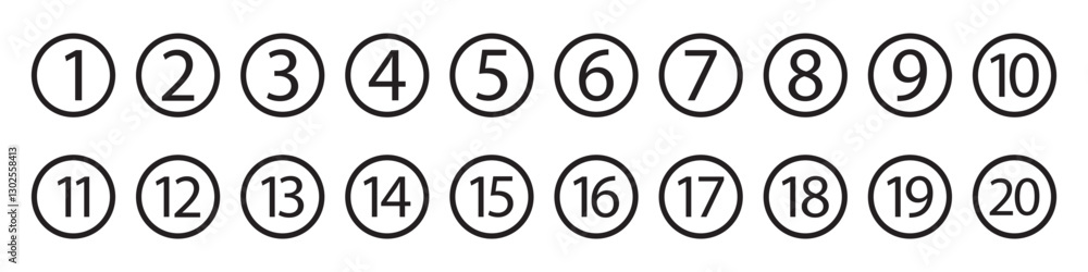 Bullet Points icon set in line style, Simple round numbers in flat style, Set of 1-20 numbers simple black symbol sign for apps, UI, and website, icon vector. Bullet Points icon set in line style, Simple round numbers in flat style, Set of 1-20 numbers simple black symbol sign for apps, UI, and website, icon vector.