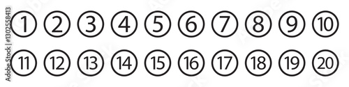 Bullet Points icon set in line style, Simple round numbers in flat style, Set of 1-20 numbers simple black symbol sign for apps, UI, and website, icon vector.