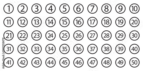 Bullet Points icon set in line style, Simple round numbers in flat style, Set of 1-50 numbers simple black symbol sign for apps, UI, and website, vector.