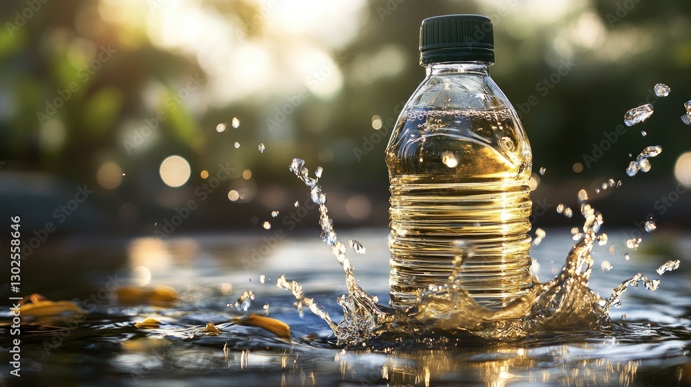 Obraz premium A striking artistic moment as a water bottle disrupts still water, sending delicate splashes upward, with a seamless blurred backdrop.