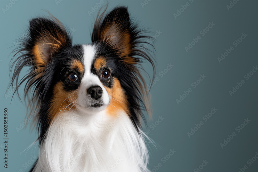 Fototapeta premium Papillon dog on minimalistic colorful background with Copy Space. Perfect for banners, veterinary ads, pet food promotions, and minimalist designs.