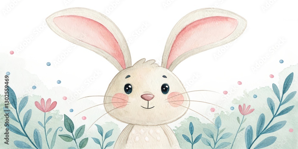 a cute easter bunny character smiles charmingly with a watercolor style, surrounded by flowers and foliage, expressing springtime vibes. The bunny's long ears stand tall a cute easter bunny character smiles charmingly with a watercolor style, surrounded by flowers and foliage, expressing springtime vibes. The bunny's long ears stand tall