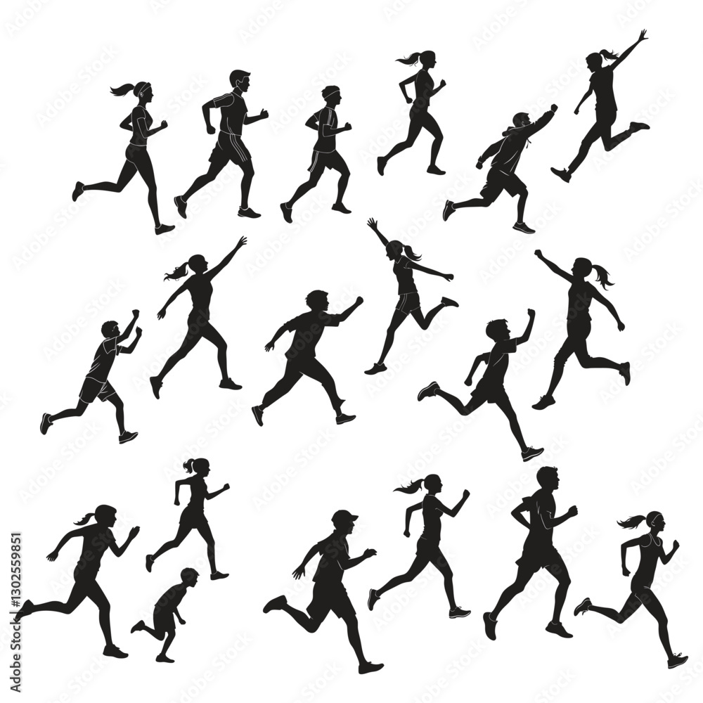 Monochrome silhouettes of young men and women running Monochrome silhouettes of young men and women running