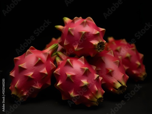 A pile of dragon fruits with a dark background.