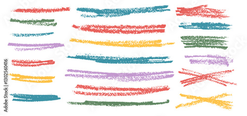 Crayon underline set. Pencil scribble lines pack. Vector hand drawn brush stroke collection illustration isolated on white background. Kids highlights handwritten shape elements Chalk emphasis figure