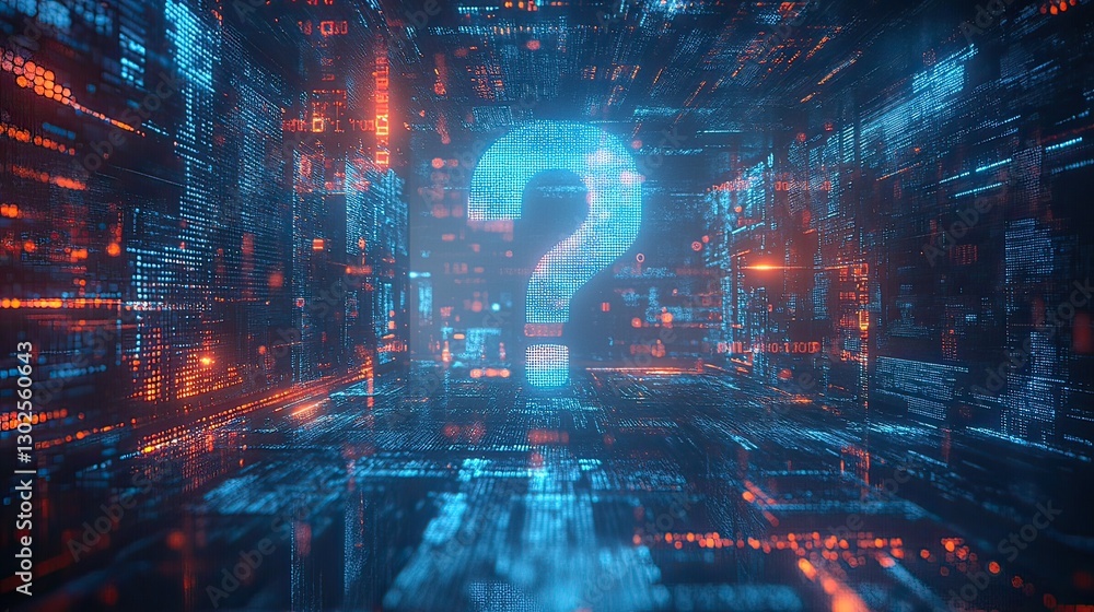 Obraz premium Glowing Binary Code Question Mark: Futuristic Tech Problem-Solving & Data Analysis Innovation 