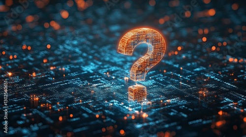 Glowing Binary Code Question Mark: Futuristic Tech Problem-Solving & Data Analysis Innovation
