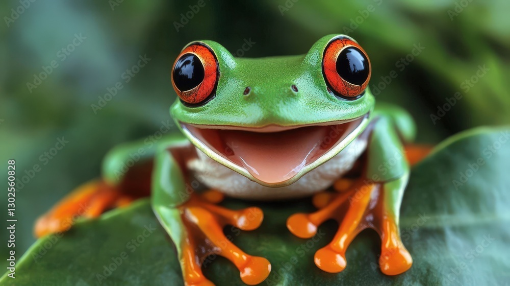 Fototapeta premium Close-up view of a smiling frog with bright eyes sitting on a green leaf surrounded by foliage in a tropical habitat. National Frog Month