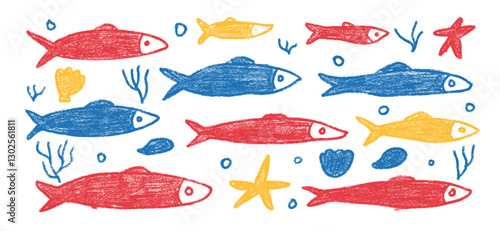 Fishes crayon doodle set. Sardines hand drawn scribble School of fish in the sea. Vector colorful nautical illustration by pencil isolated on white background. Chalk naive underwater life.
