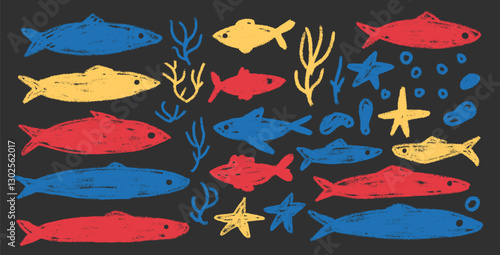 Fishes doodle set. Sardines hand drawn scribble School of fish in the sea. Vector colorful nautical illustration by pencil isolated. Crayon or chalk naive underwater life.