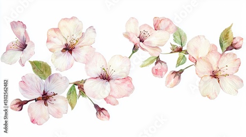 Wallpaper Mural A delicate watercolor illustration of soft pink cherry blossoms, gracefully arranged with leaves, evoking the beauty of spring. isolated on white background. Torontodigital.ca