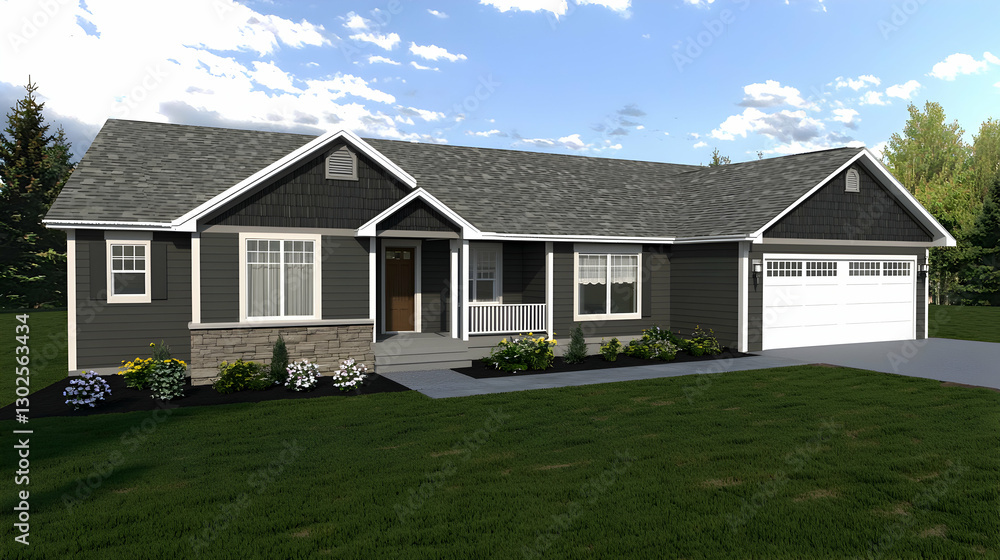 Gray Ranch House with Stone Accents and Two Car Garage Gray Ranch House with Stone Accents and Two Car Garage