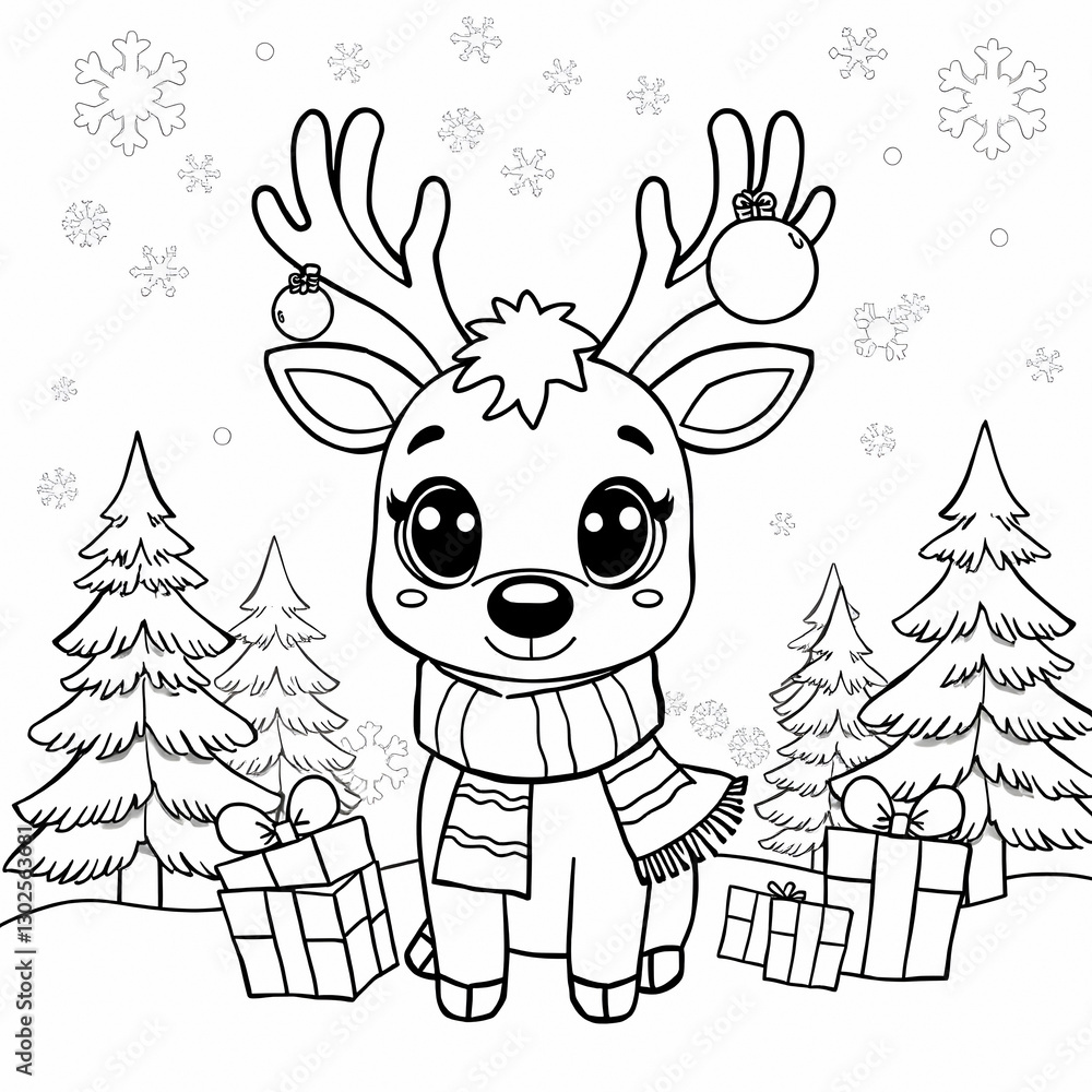 Fototapeta premium Cute Cartoon Reindeer Winter Scene with Christmas Gifts and Snowflakes Kawaii Style Line Drawing for Kids