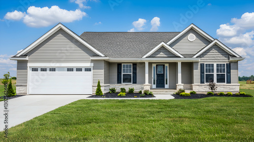 Gray Ranch Style House with White Garage Door and Green Lawn