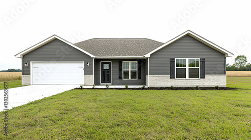 Gray Ranch Style House with White Trim and Stone Accents