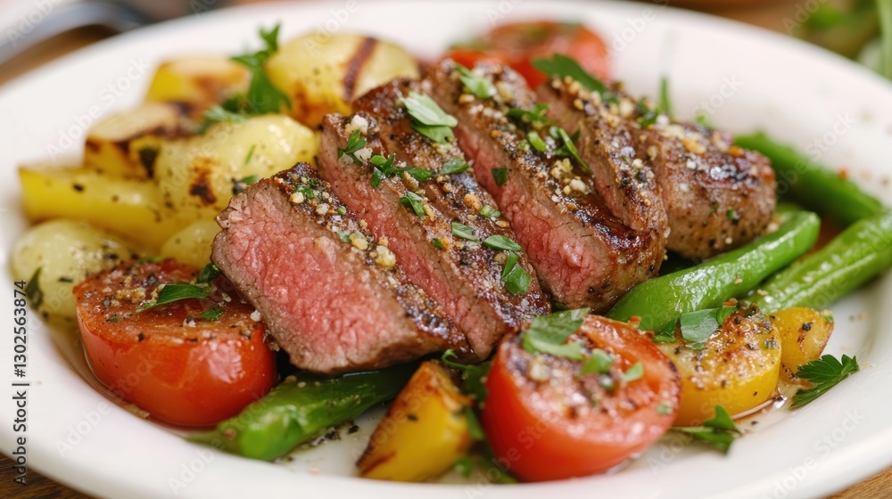 Sliced grilled steak with roasted potatoes, green beans, and cherry tomatoes. Sliced grilled steak with roasted potatoes, green beans, and cherry tomatoes.