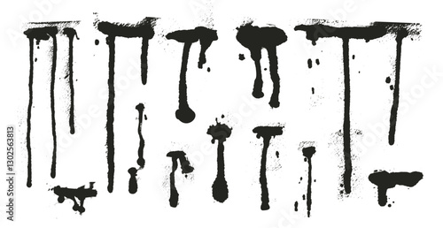 Grunge black liquid drips and splodges. Wet graffiti blot shapes. Wet aerosol grafitti spray. Dirty inkblot and melt spots. Vector hand drawn ink splatters set isolated on white background.