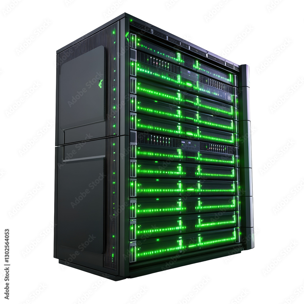 A full size data center server rack on transparent background