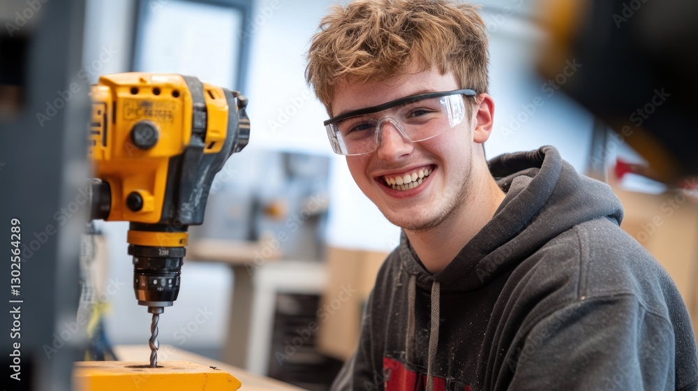 Fototapeta premium Happy young man in safety glasses smiling near a drill press in a workshop.