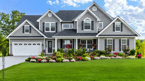 Gray Two Story House with Landscaped Front Yard