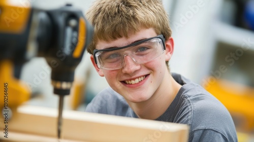 Smiling teen boy in safety glasses near drill press in workshop.