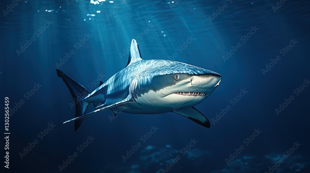 Naklejka premium A majestic blue shark swims gracefully through vibrant azure waters, gliding rightward with its sleek form cutting through the waves