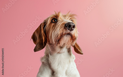 Petit Basset Griffon Vendeen dog on minimalistic colorful background with Copy Space. Perfect for banners, veterinary ads, pet food promotions, and minimalist designs. photo