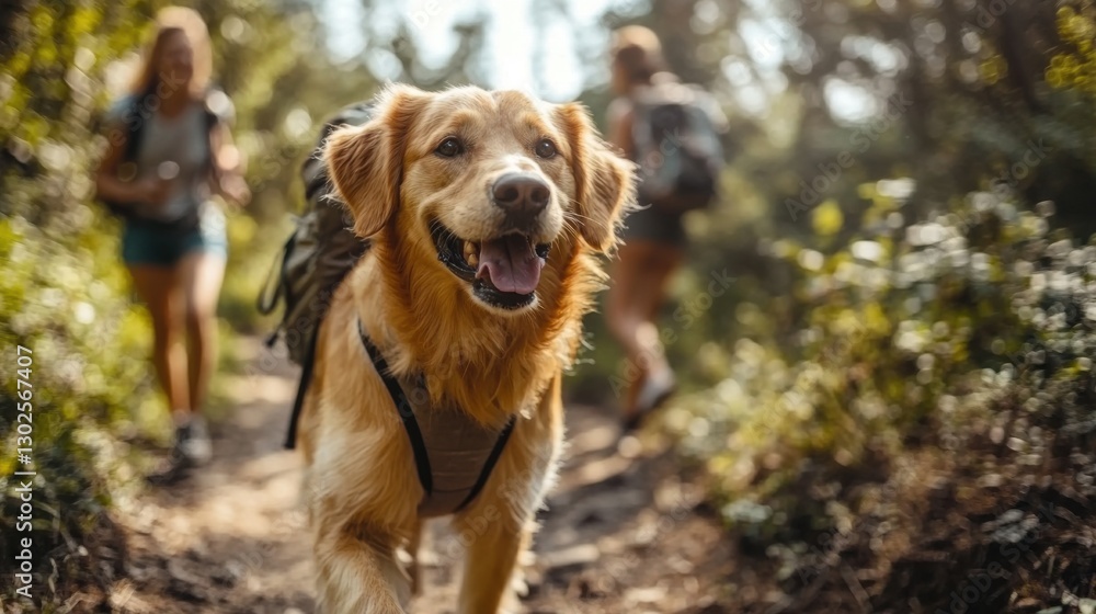 Obraz premium Golden Retriever Hiking on Forest Trail with Backpack