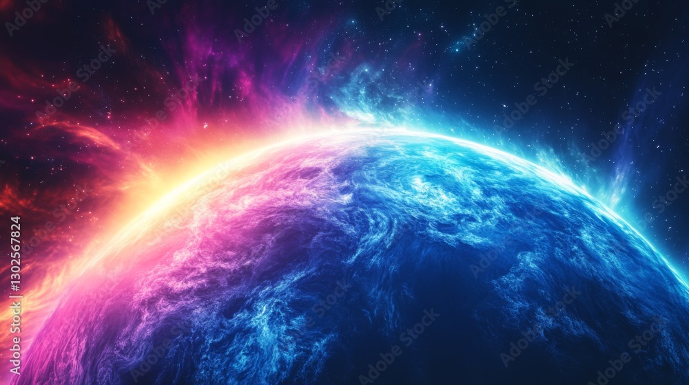 Planet in space with bright light. Colorful stars with galaxy and nebula. Deep universe view with cosmic atmosphere and clouds. Planet in space with bright light. Colorful stars with galaxy and nebula. Deep universe view with cosmic atmosphere and clouds.