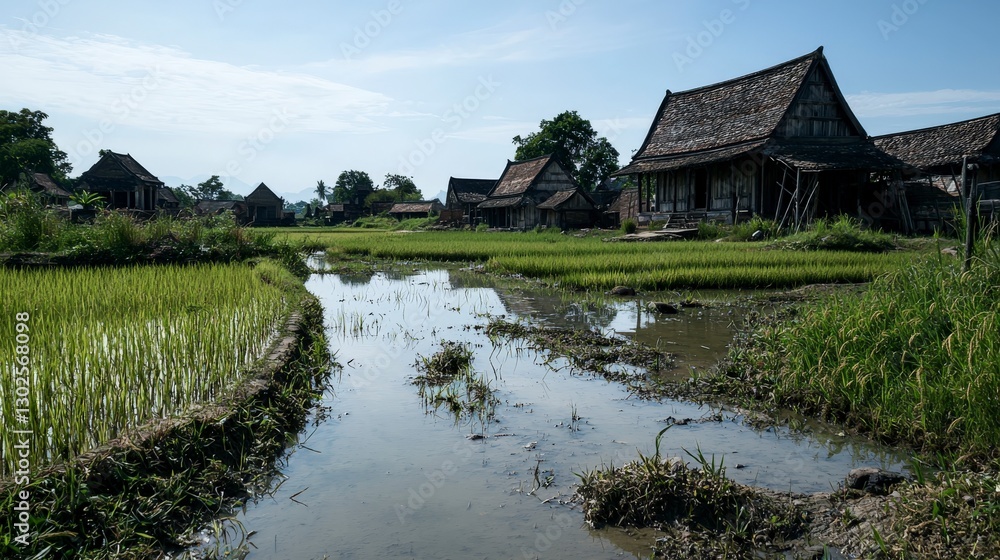 Sukhothai's scenic landscape serene rice fields and traditional houses in a rural environment Sukhothai's scenic landscape serene rice fields and traditional houses in a rural environment
