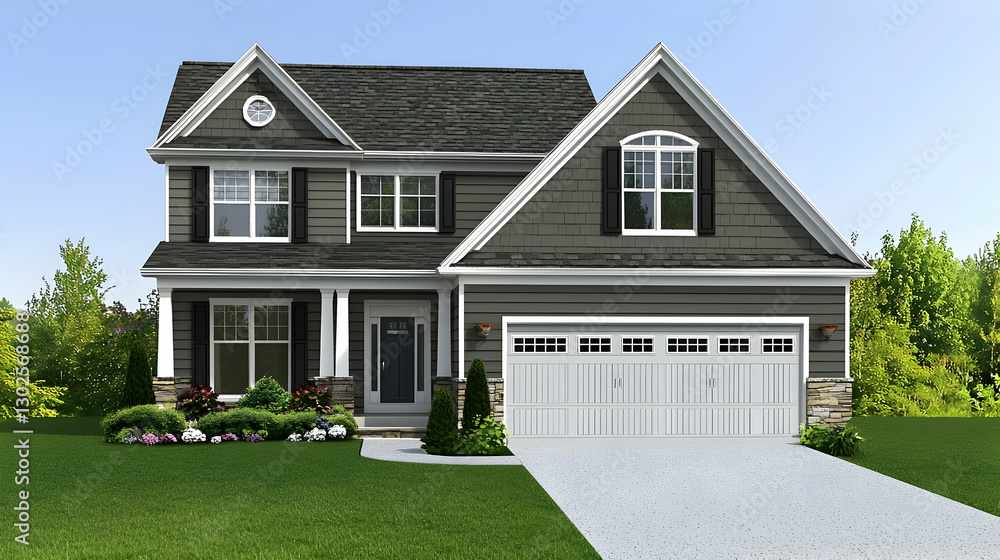 Obraz premium Gray Two Story House with White Trim and Stone Accents