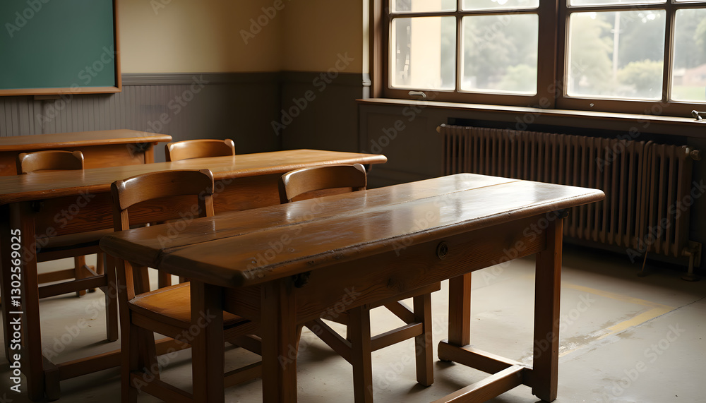 Fototapeta premium Empty classroom with wooden desks and large window