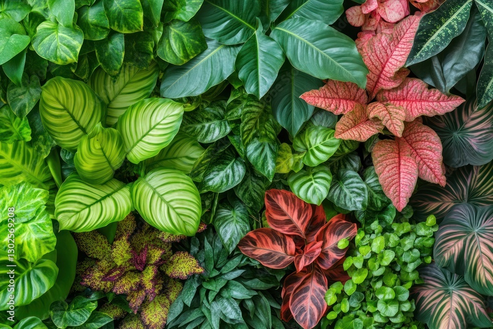 Obraz premium Lush green and red tropical foliage background.