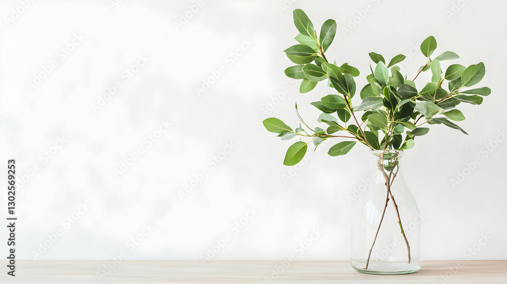 Obraz premium Green Eucalyptus Branches in Clear Glass Vase on White Wooden Table