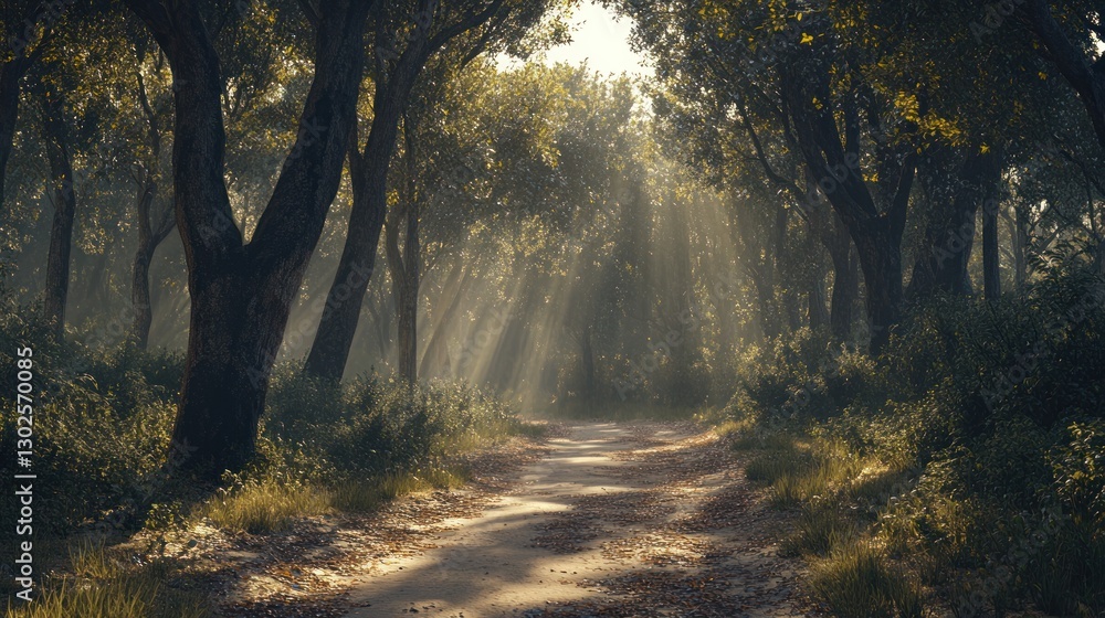 Fototapeta premium Sunbeams illuminate a misty forest path. (1)