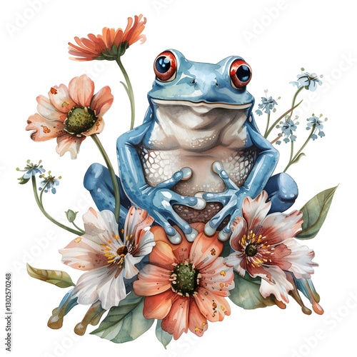 Colorful Frog Surrounded by Beautiful Flowers in Artistic Design