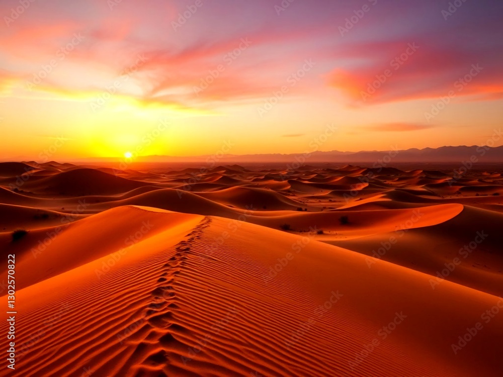 Naklejka premium sunset in the desert. desert, sand, landscape, sunset, sky, dune, nature, sun, sahara, sunrise, travel, dunes, dry, road, horizon, yellow, orange, summer, beach, sand dune, cloud, morocco, scenic, hea