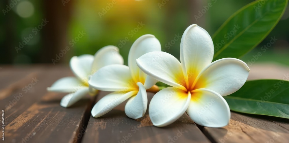Large white Plumeria flowers on a wooden table, tropical flower, bloom, flower Large white Plumeria flowers on a wooden table, tropical flower, bloom, flower