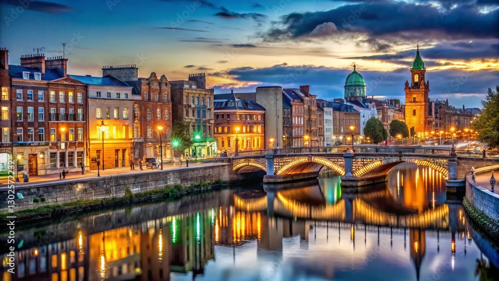 Naklejka premium Dublin City Centre Evening Architecture, High-Resolution Stock Photo