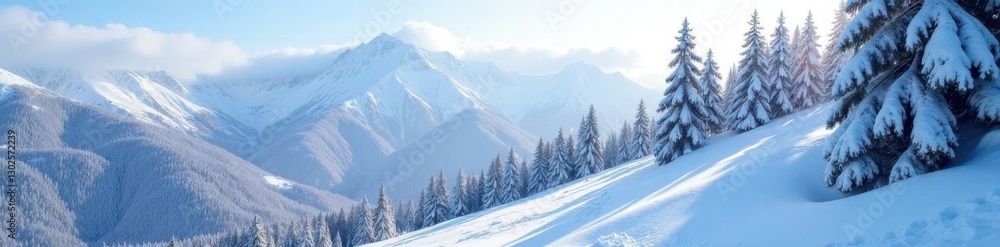 Trees and foliage covered in snow on a mountain slope, trees, winter Trees and foliage covered in snow on a mountain slope, trees, winter